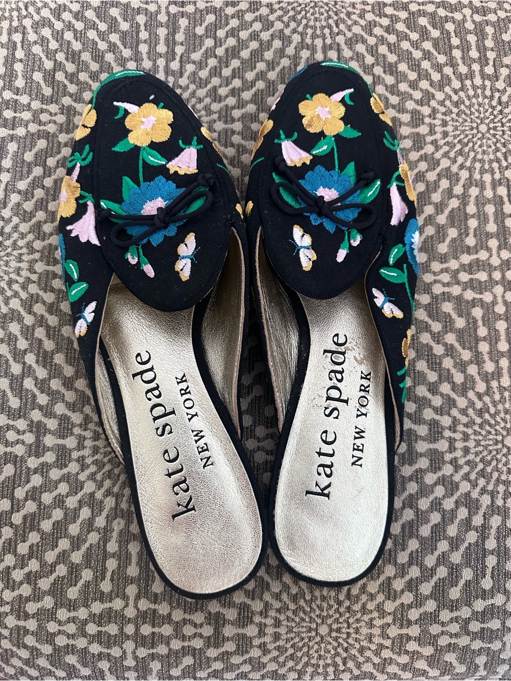 kate spade Black Floral Embroidered Backless Mules
